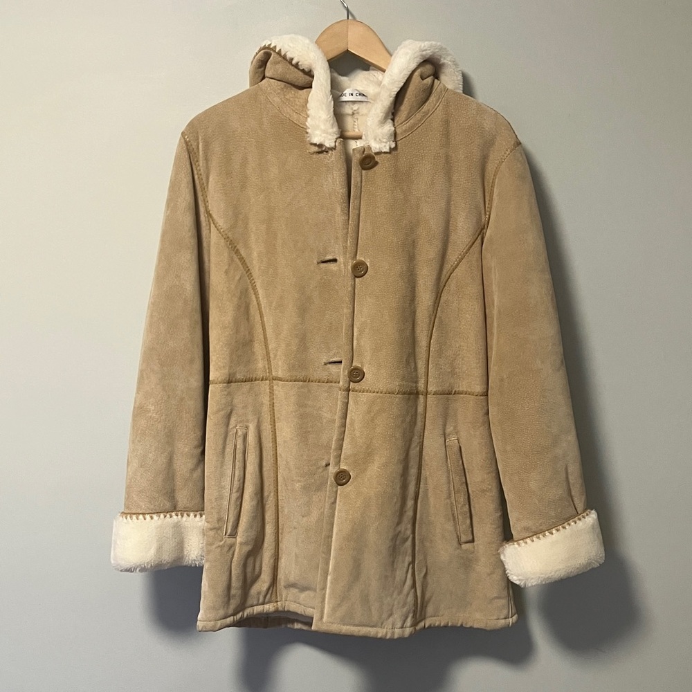 Marvin Richards Women's Tan Hooded Leather Coat with Faux Fur Trim